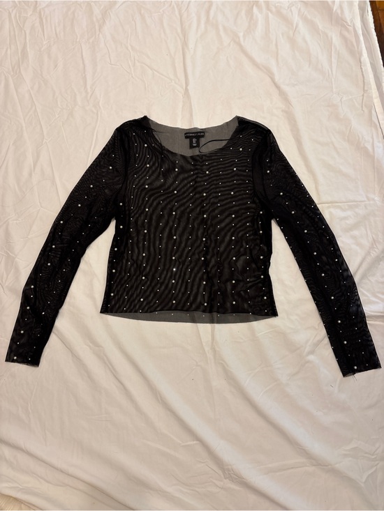 Tops - Sheer Black Rhinestone and Pearl Long-Sleeve